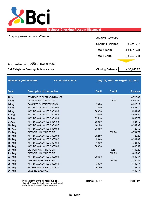 Modèle Word et PDF de relevé de compte d'entreprise BCI Bank